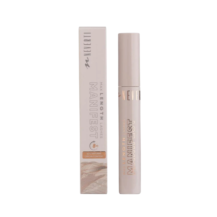 Neferti Max Length Lashes Manifest mascara, 12ml, in a beige tube with matching rectangular box