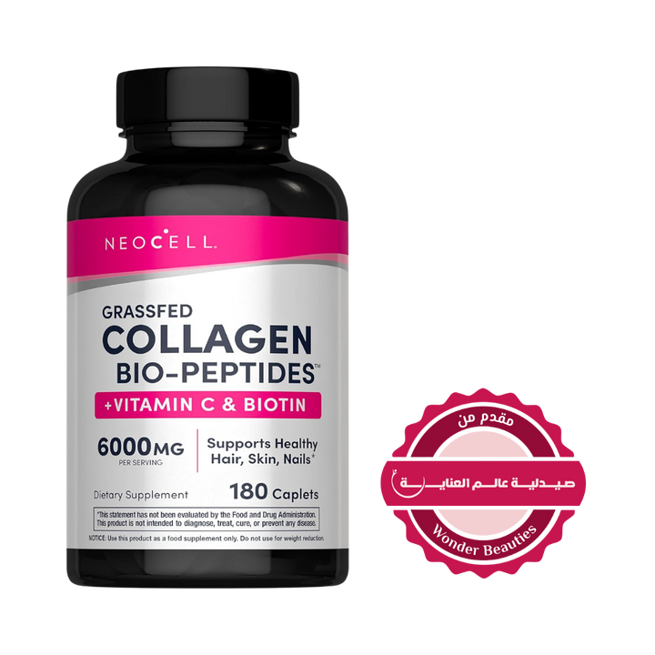 NeoCell grassfed collagen peptides 6000 mg caplets, 180 count black bottle with pink and silver label