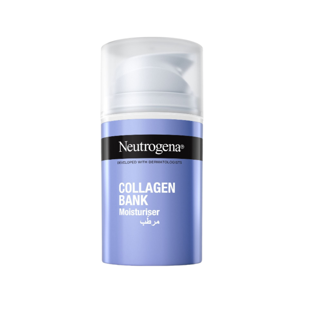 Neutrogena Collagen Bank Moisturiser, blue pump bottle with translucent cap and Arabic text