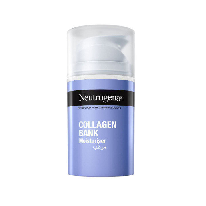 Neutrogena Collagen Bank Moisturiser, blue pump bottle with translucent cap and Arabic text