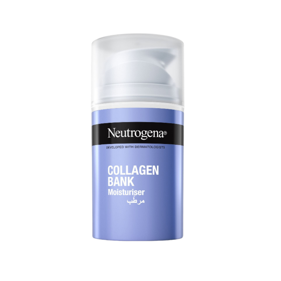 Neutrogena Collagen Bank Moisturiser, blue pump bottle with translucent cap and Arabic text