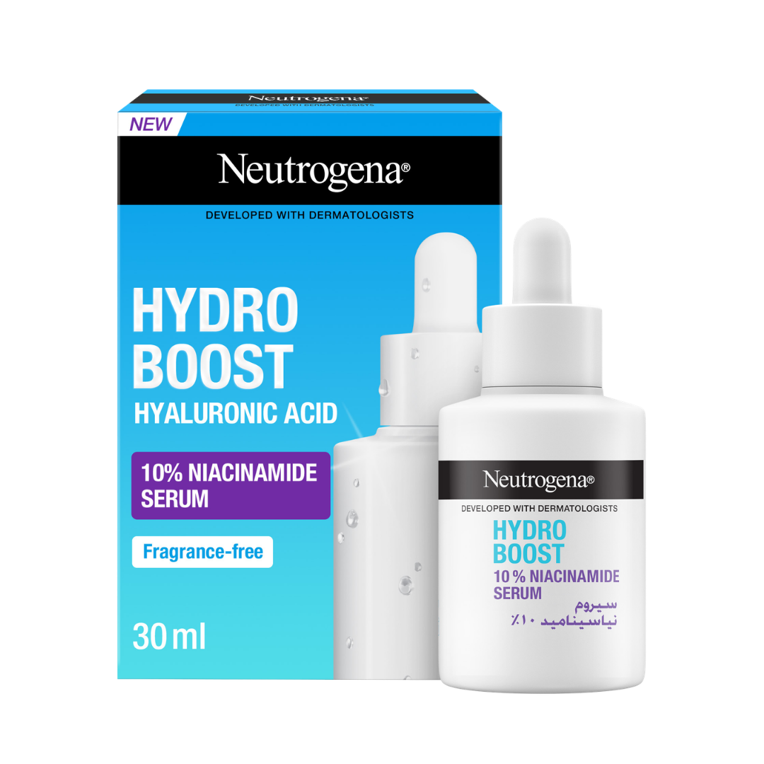 Neutrogena Hydro Boost 10% Niacinamide Serum 30ml with blue box and white dropper bottle