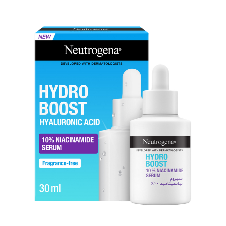 Neutrogena Hydro Boost 10% Niacinamide Serum 30ml with blue box and white dropper bottle