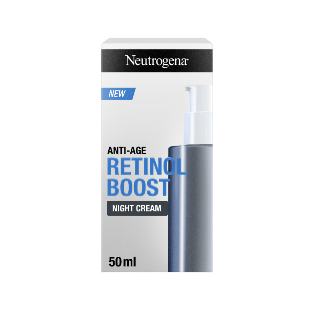 Neutrogena Anti-Age Retinol Boost Night Cream, silver white box with pump bottle graphic, 50ml