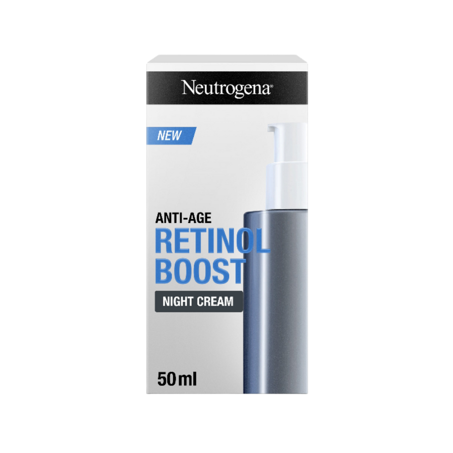 Neutrogena Anti-Age Retinol Boost Night Cream, silver white box with pump bottle graphic, 50ml