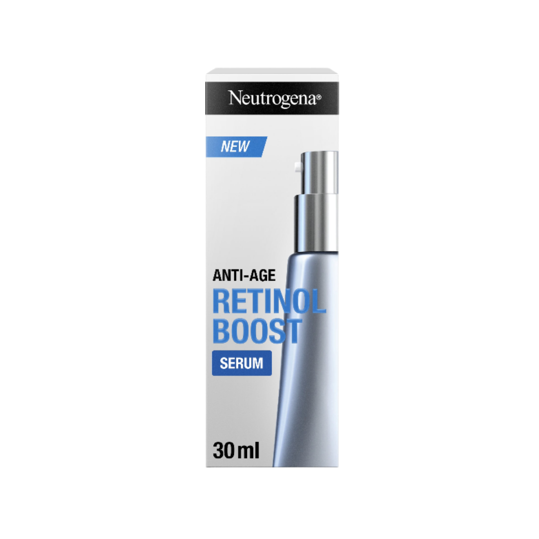 Neutrogena Anti-Age Retinol Boost Serum, white silver box with pump bottle graphic, 30ml