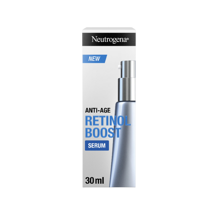 Neutrogena Anti-Age Retinol Boost Serum, white silver box with pump bottle graphic, 30ml