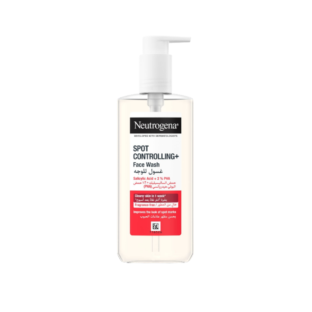 Neutrogena Spot Controlling+ Face Wash, clear pump bottle with red label, salicylic acid and PHA