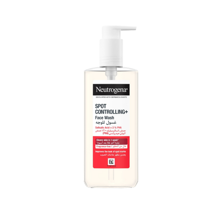 Neutrogena Spot Controlling+ Face Wash, clear pump bottle with red label, salicylic acid and PHA