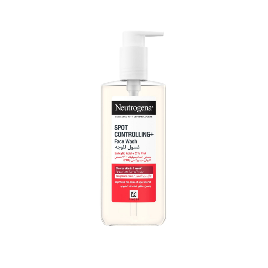 Neutrogena Spot Controlling+ Face Wash, clear pump bottle with red label, salicylic acid and PHA