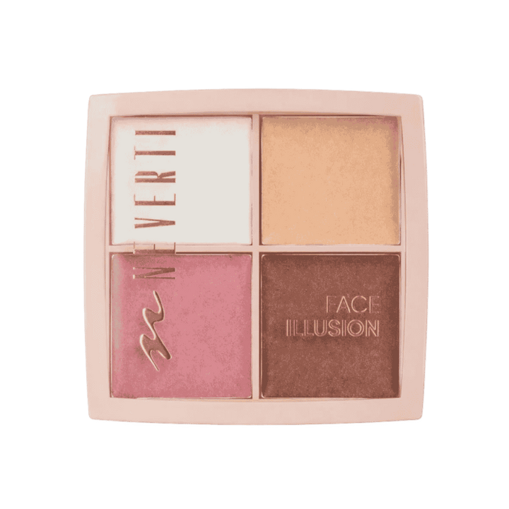 VERIT Face Illusion four-shade highlighter and blush palette, pink compact with white gold pink bronze pans