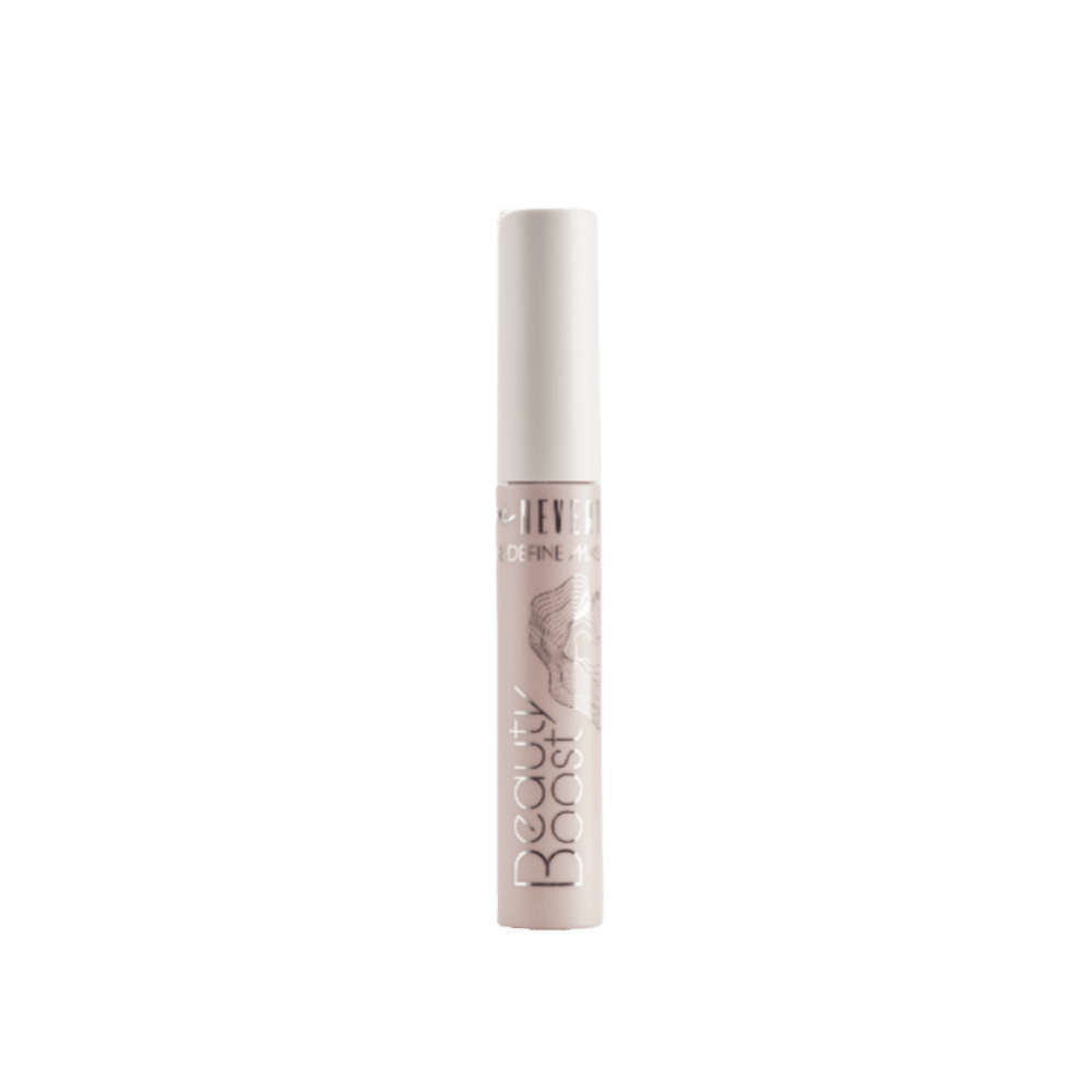 NEVI Define Mascara Beauty Boost, beige cylindrical tube with white cap and metallic lettering