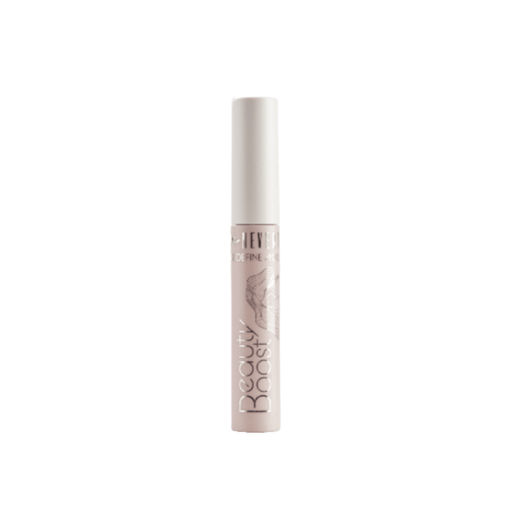 NEVI Define Mascara Beauty Boost, beige cylindrical tube with white cap and metallic lettering