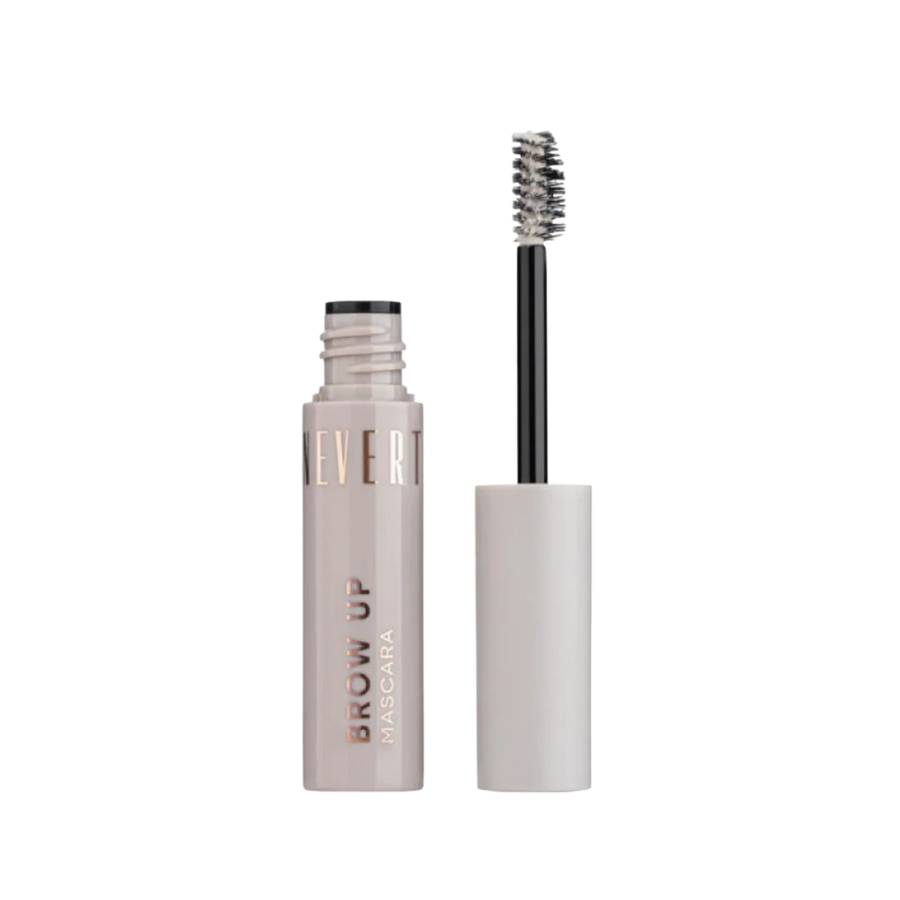 Neverti Brow Up Eyebrow Mascara tube with open spoolie applicator and beige printed label