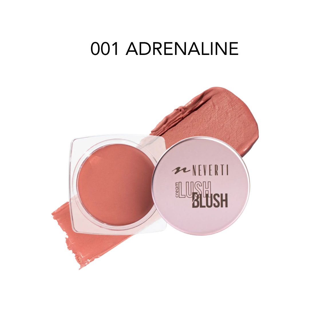 Neverti Cream Lush Blush in 001 Adrenaline with open pot, pink lid, and cream swatches