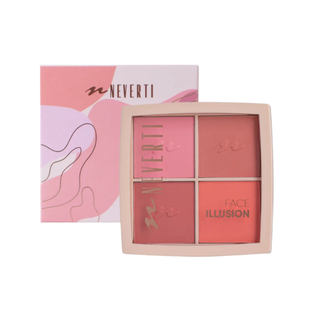 Neverti Face Illusion blush palette, 3 g, four pink and coral pans with matching carton.