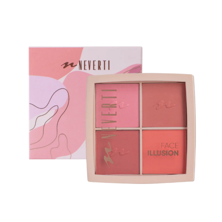 Neverti Face Illusion blush palette, 3 g, four pink and coral pans with matching carton.