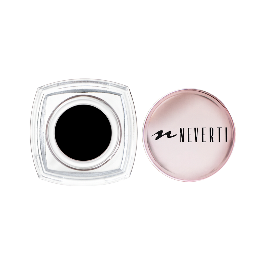 Neverti Midnight Whisper Eyeliner Gel black pot with pink branded lid and open jar