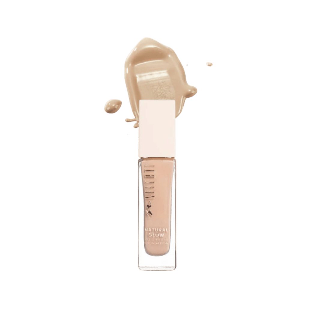 Milani Natural Glow liquid highlighter, clear rectangular tube with beige cap and nude swatch