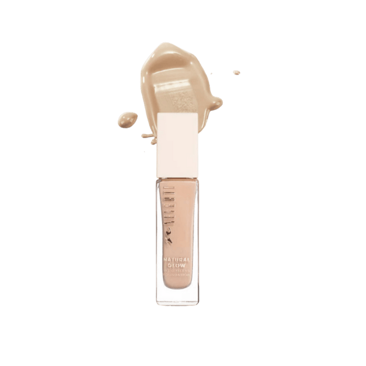 Milani Natural Glow liquid highlighter, clear rectangular tube with beige cap and nude swatch