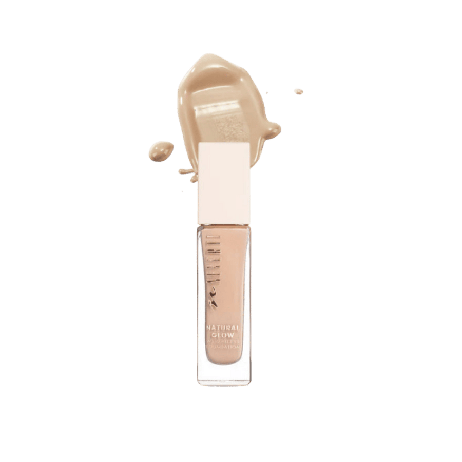 Milani Natural Glow liquid highlighter, clear rectangular tube with beige cap and nude swatch