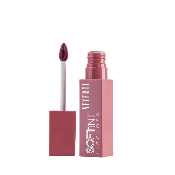 Neverti Soft Tint Lipgloss pink rectangular tube with open applicator and white printed label