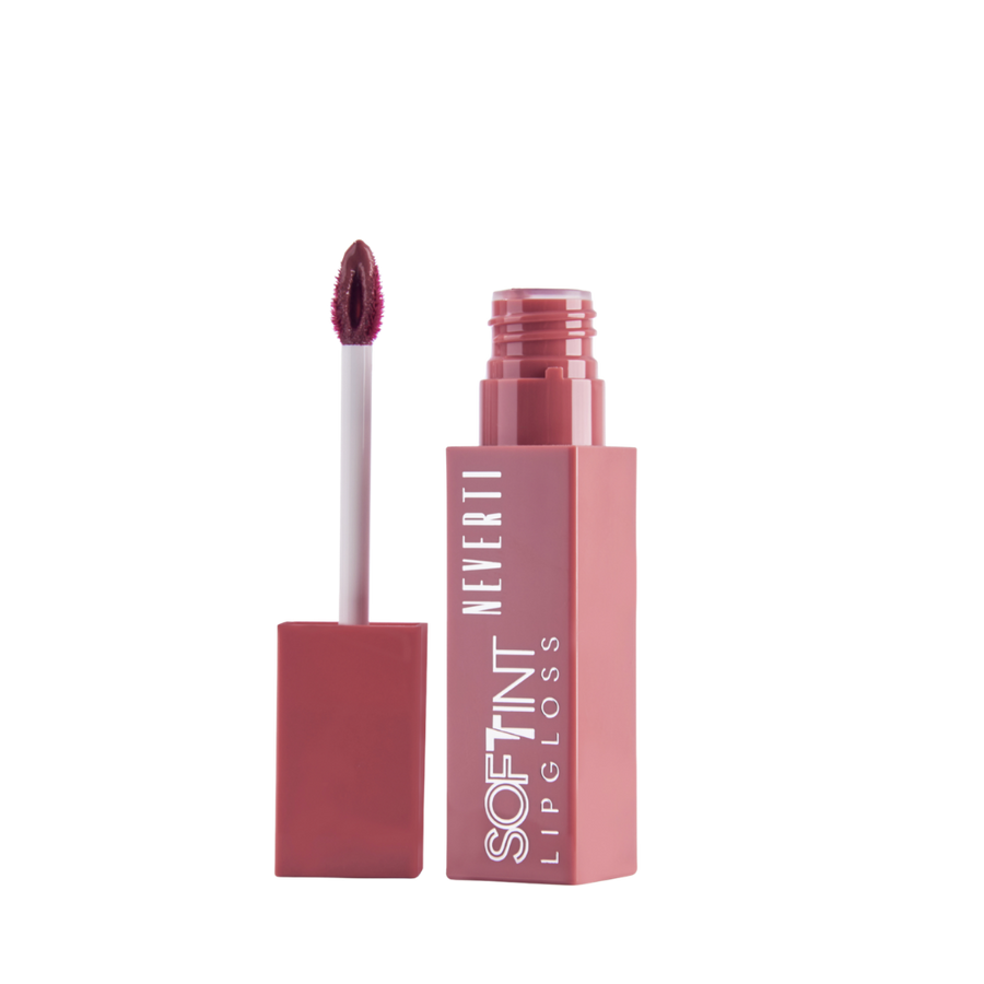 Neverti Soft Tint Lipgloss pink rectangular tube with open applicator and white printed label