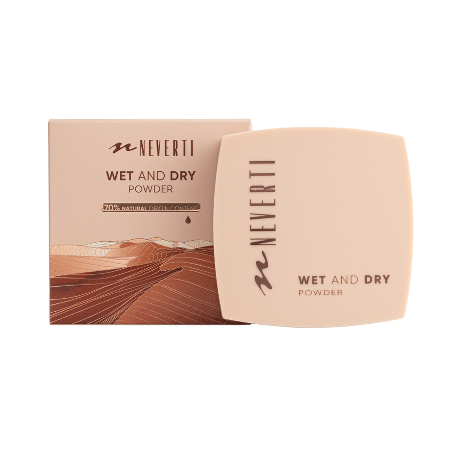Neverti Wet & Dry Powder 9g beige compact with matching box and brown printed label