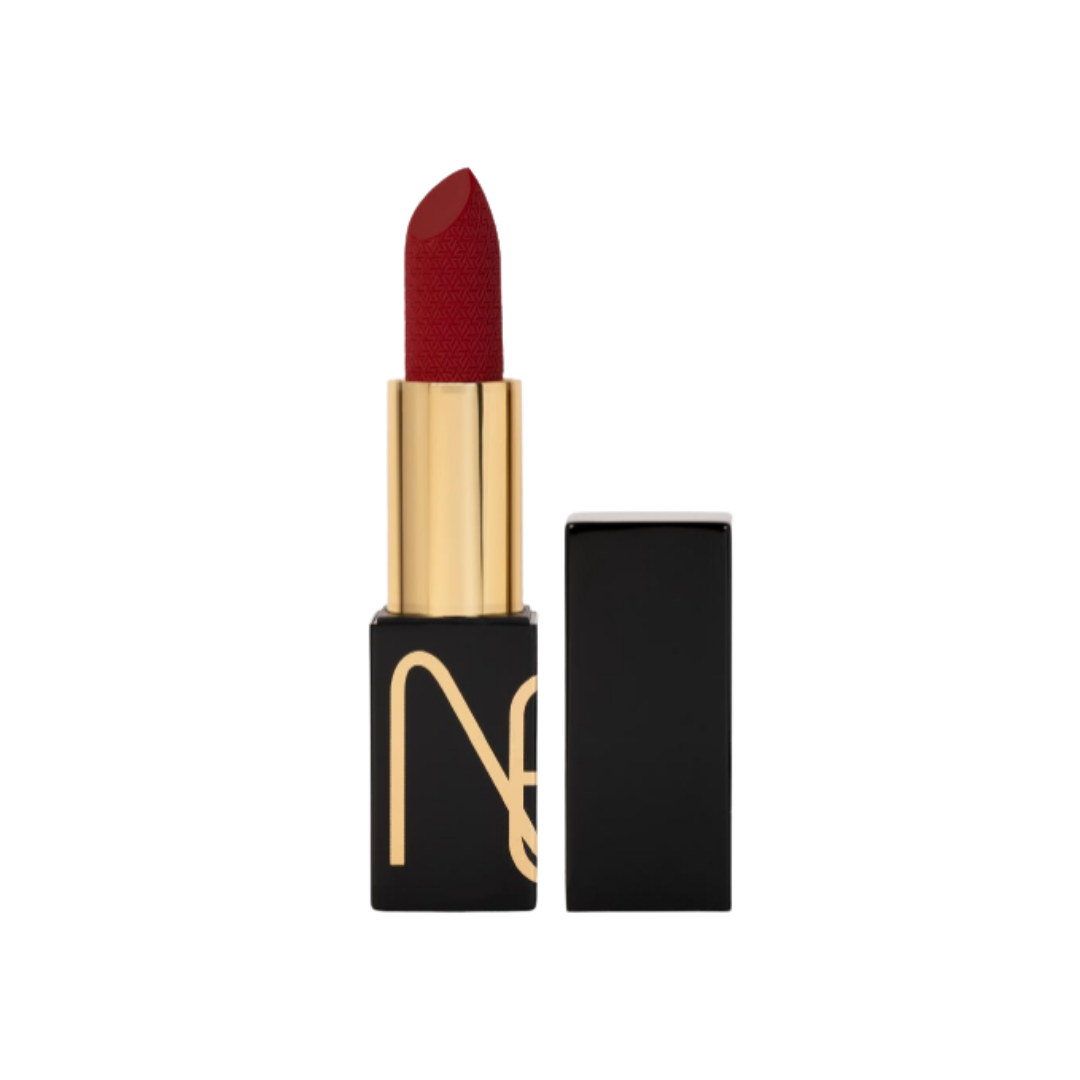 Nexo matte red lipstick bullet, gold inner tube with black rectangular casing and removable black cap
