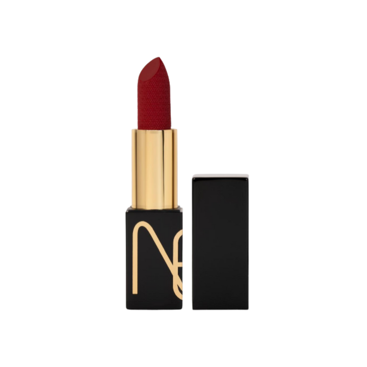 Nexo matte red lipstick bullet, gold inner tube with black rectangular casing and removable black cap