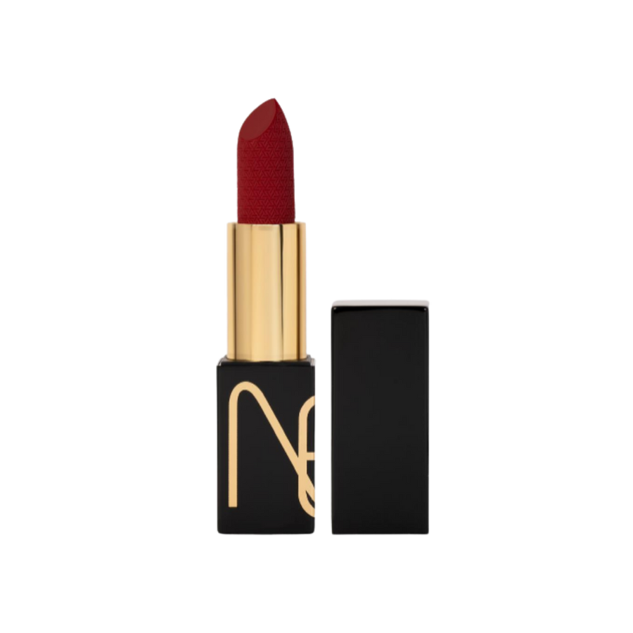 Nexo matte red lipstick bullet, gold inner tube with black rectangular casing and removable black cap