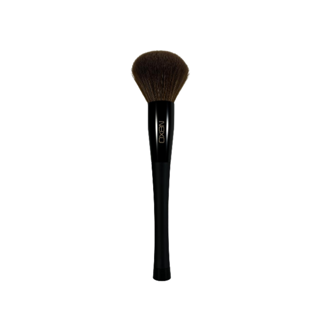 NEXO makeup powder brush with dense brown bristles, black tapered handle, single cosmetic brush tool
