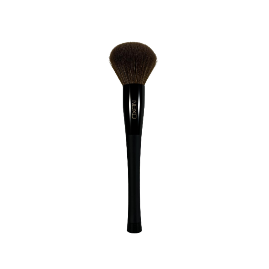 NEXO makeup powder brush with dense brown bristles, black tapered handle, single cosmetic brush tool