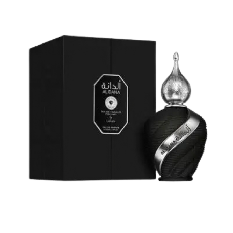 Niche Emarati Al Dana Eau de Parfum perfume bottle and black packaging, 100ml.