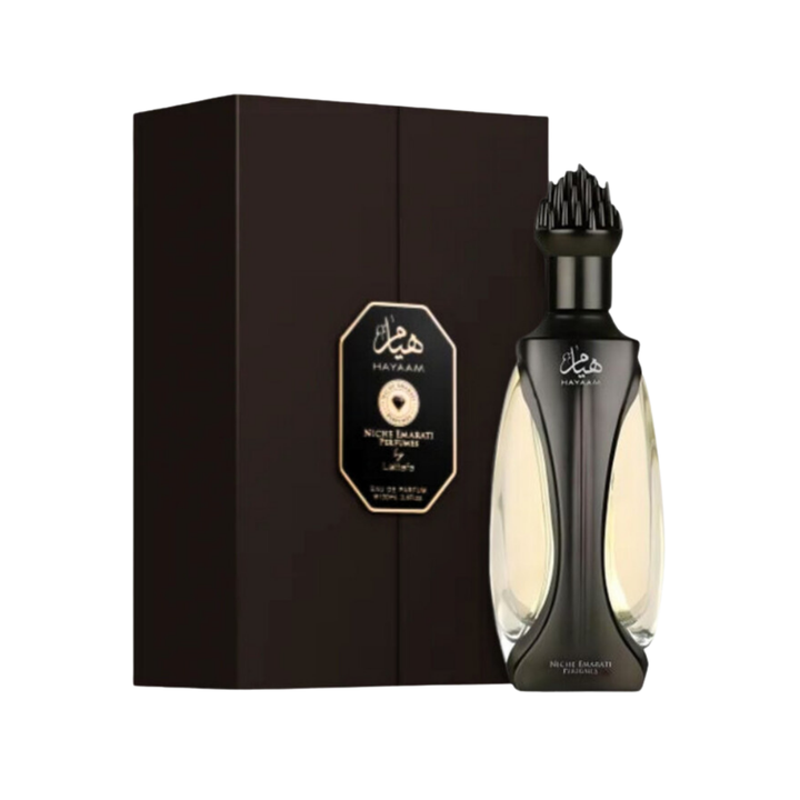 Niche Emarati Hayaam Eau de Parfum perfume bottle with black packaging, 100ml.