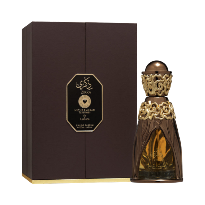 Zikra Niche Emarati Perfumes Eau de Parfum 100ml brown bottle with ornate gold cap and matching box