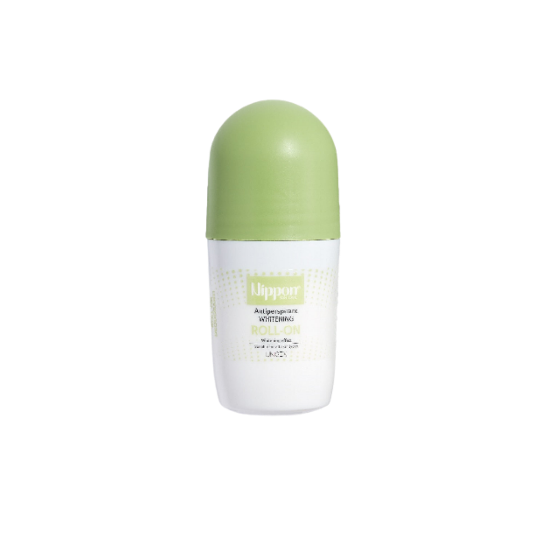 Nippon Antiperspirant Whitening Roll-On, 50ml, with a green cap and white base, designed for whitening and long-lasting freshness.