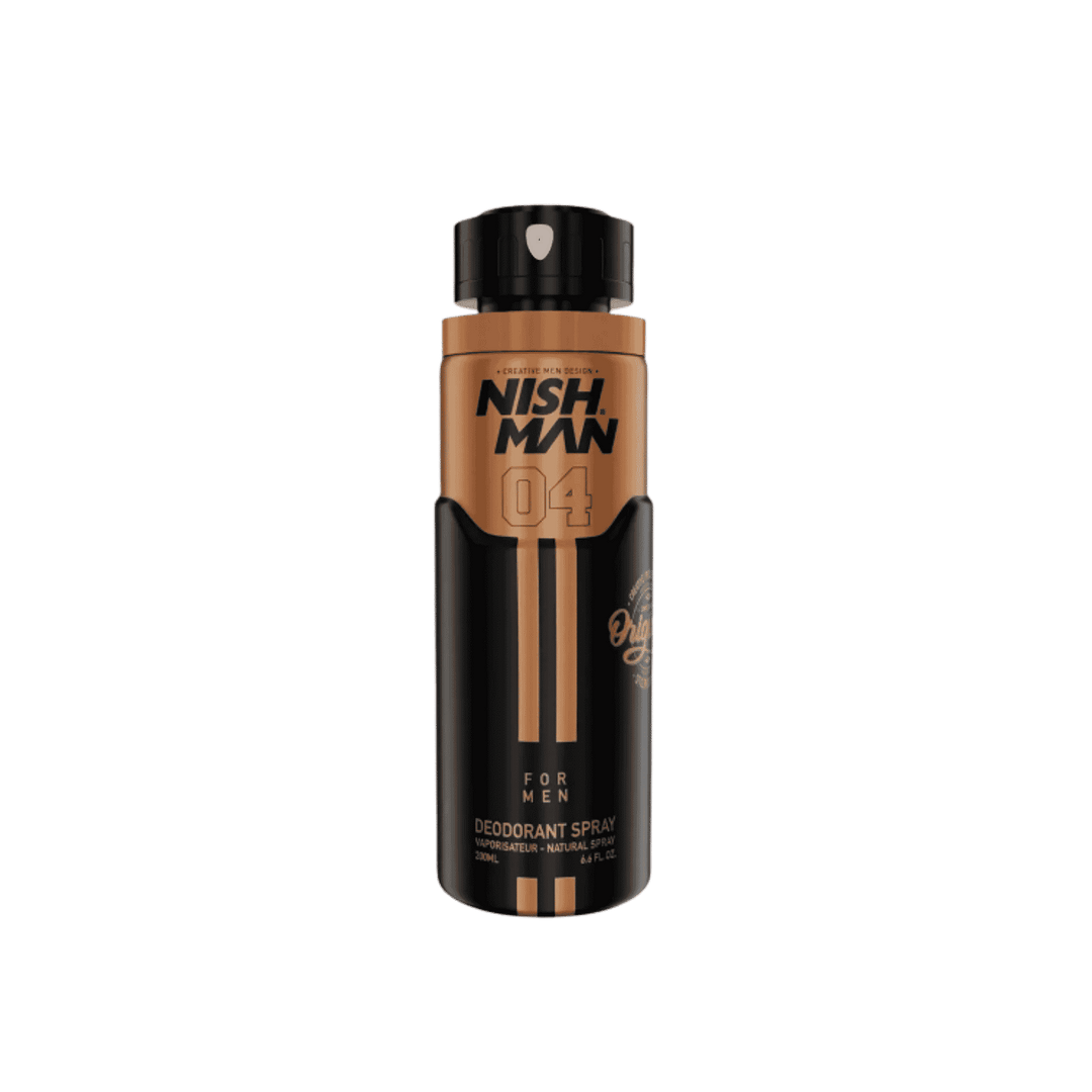 Nish Man 04 deodorant spray for men, black and bronze 200ml aerosol can