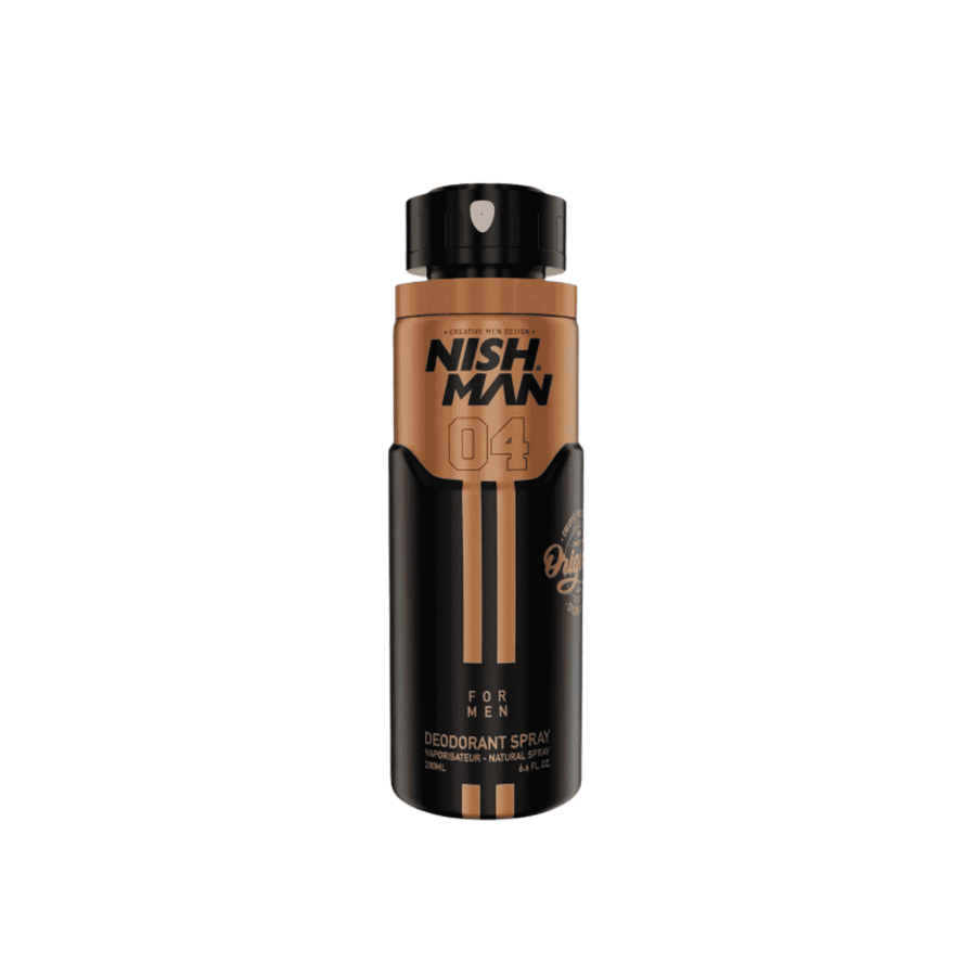 Nish Man 04 deodorant spray for men, black and bronze 200ml aerosol can