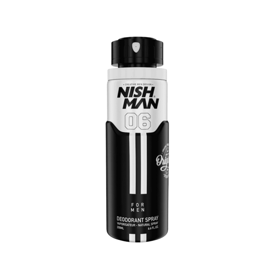 Nishman 06 deodorant spray for men, 200 ml black and white aerosol can