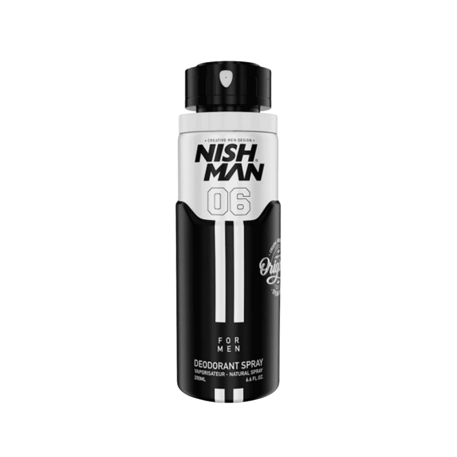 Nishman 06 deodorant spray for men, 200 ml black and white aerosol can