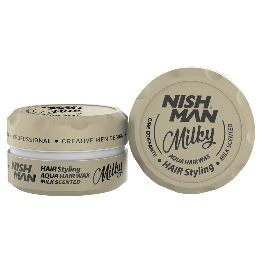 Nish Man Milky Aqua Hair Wax 150ml, water-based wax for strong hold and shine, in packaging with beige lid.