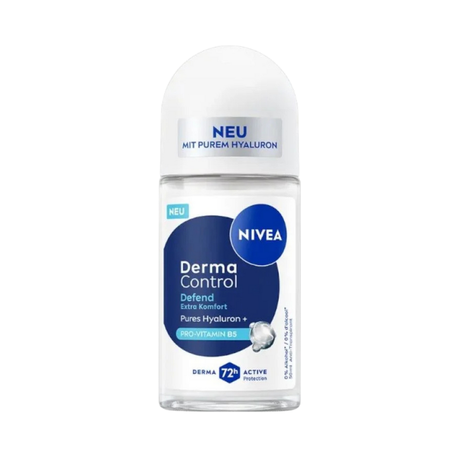 NIVEA Derma Control Defend roll-on antiperspirant deodorant, 50ml, clear glass bottle with white cap, hyaluron and pro-vitamin B5 label