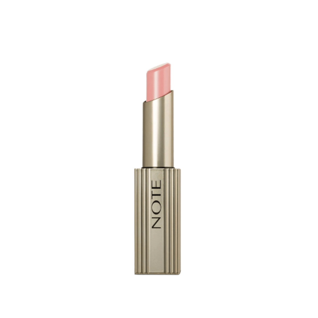 NOTE pink lipstick in ribbed gold tube with angled bullet and vertical black logo.
