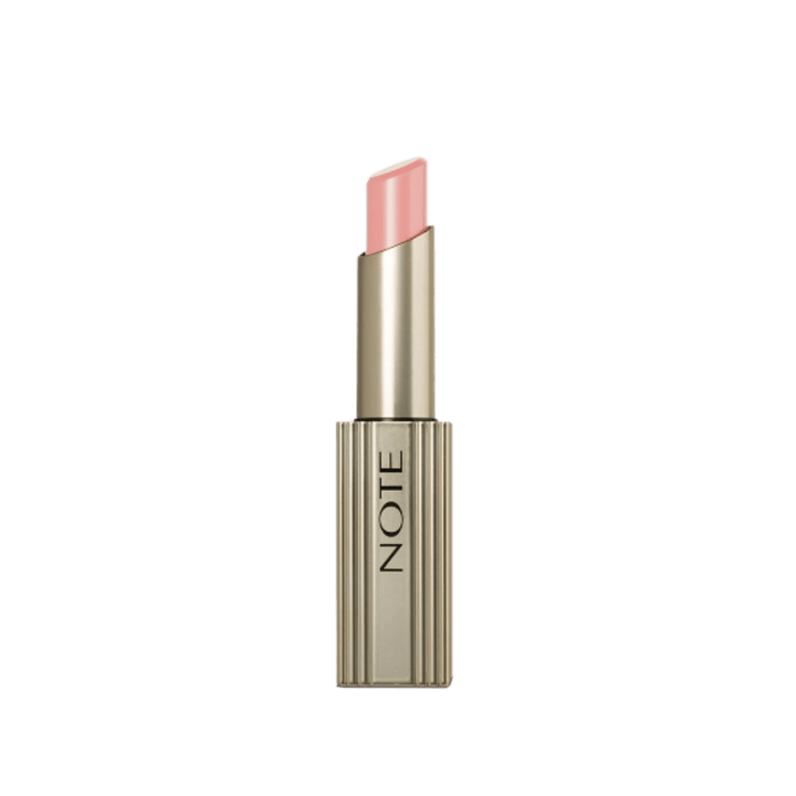 NOTE pink lipstick in ribbed gold tube with angled bullet and vertical black logo.