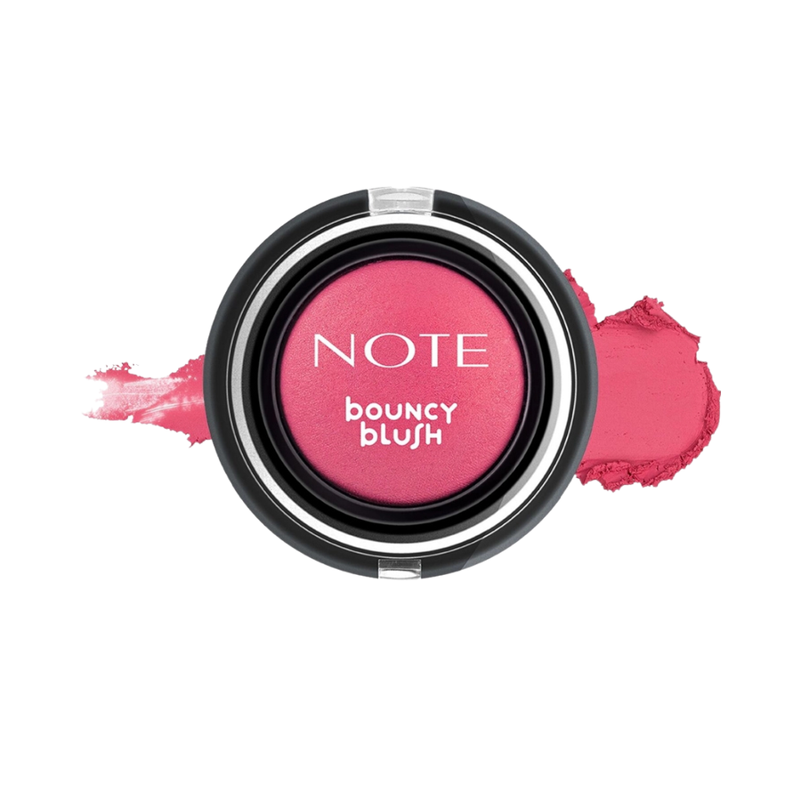 Note Bouncy Blush, 7g, round black compact displaying bright pink blush with silver trim.