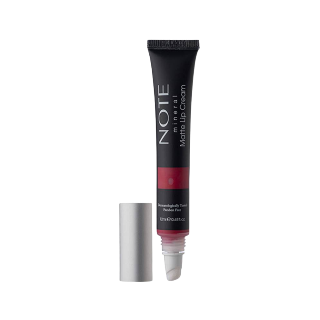Note Mineral Matte Lip Cream, 12ml, in a black tube with silver cap, offering a matte finish.