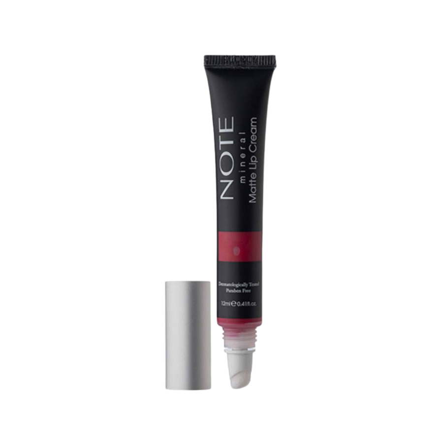 Note Mineral Matte Lip Cream, 12ml, in a black tube with silver cap, offering a matte finish.
