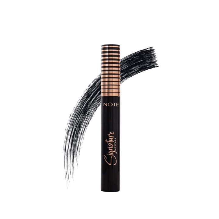NOTE Signature Mascara in black cylindrical tube with rose-gold striped cap and black brushstroke graphic.