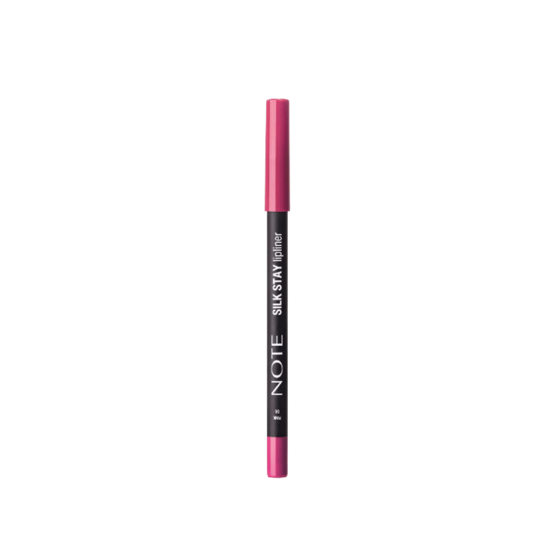 NOTE Silk Stay Lipliner pencil with black barrel, bright pink cap, and matching pink end.